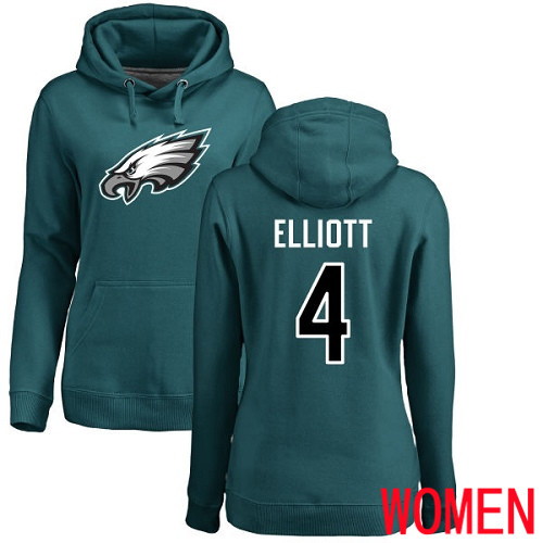 Women Philadelphia Eagles #4 Jake Elliott Green Name and Number Logo NFL Pullover Hoodie Sweatshirts